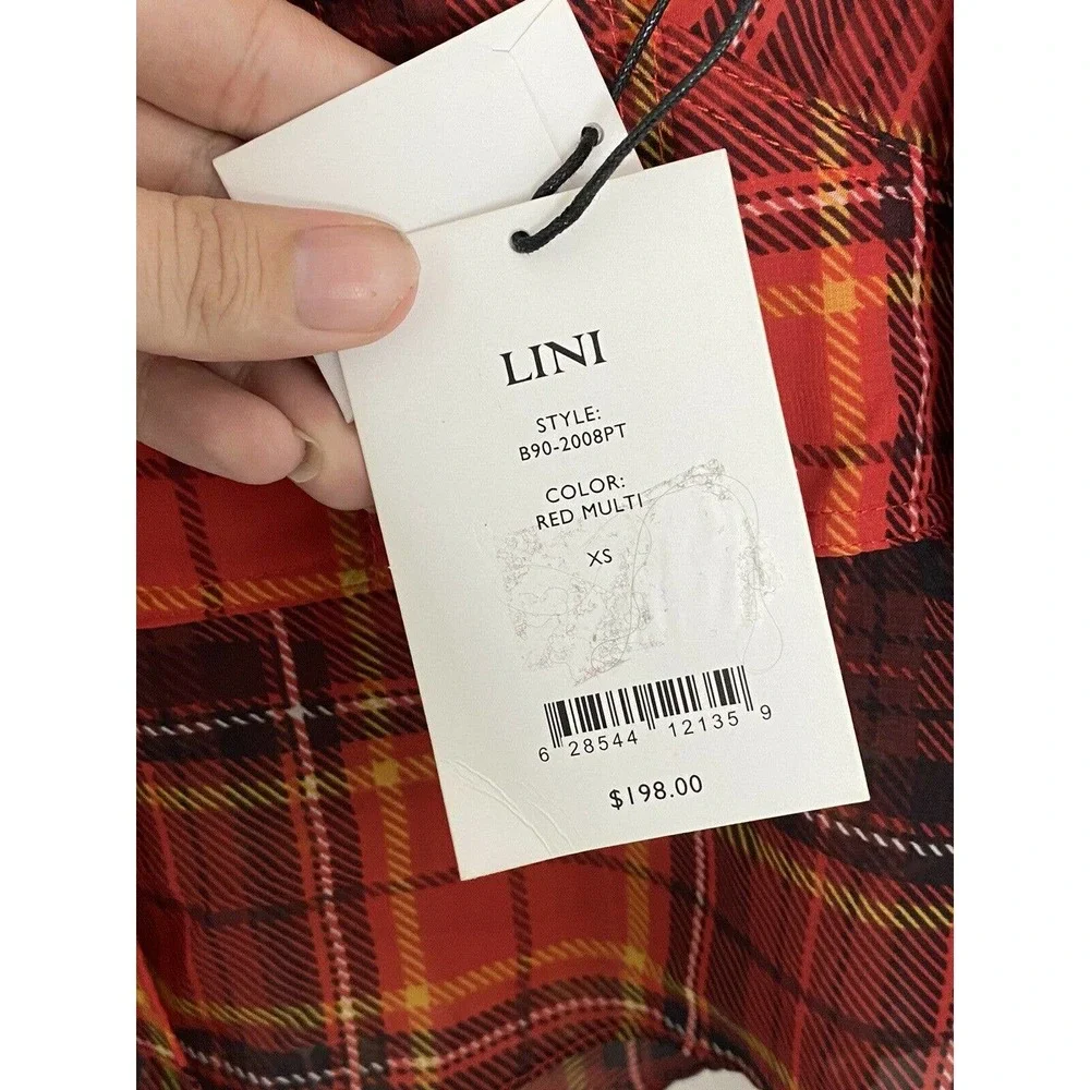 $192 LINI Women's Red Plaid V-Neck Sheer Long Balloon-Sleeve V-Neck Blouse XS - Picture 5 of 7